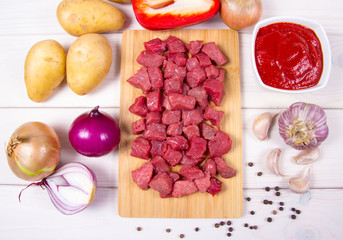 Ingredients for the preparation of traditional Hungarian goulash.