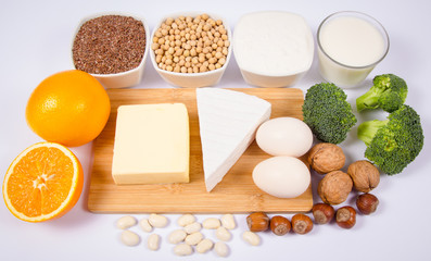 Food products containing a large amount of calcium isolated on white background.