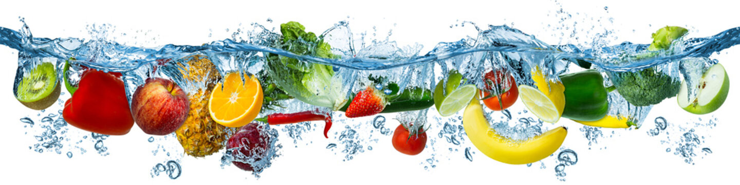 fresh multi fruits and vegetables splashing into blue clear water splash healthy food diet freshness concept isolated white background