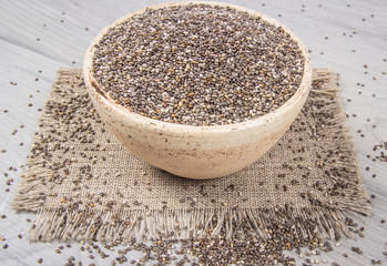 Chia seeds on wooden background. A component of a healthy diet.