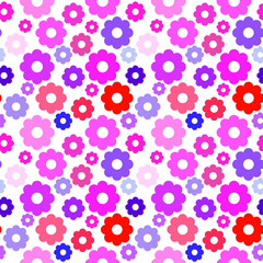 Fototapeta na wymiar Pink flower seamless pattern. Simple flower icons, pink, red and purple colors. Vector pattern without background.
