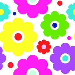 Multicolor seamless pattern. Simple flower icons, bright vector pattern without background.