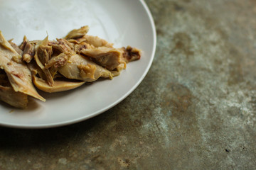 chicken meat (boiled chicken legs). top  food background. copy space