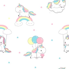 Foto op Plexiglas Dieren met ballon Unicorn Over Rainbow kinderen naadloze patroon voor inpakpapier. Happy Little Pony Fly op ballon. Kind vakantie groet magische Element Design op witte achtergrond platte Cartoon vectorillustratie.