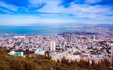 Panoramic view from Mount Carmel to cityscape and port in Haifa, Israel, Middle East