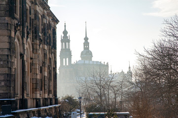Dresden city view, Dresden Cathedral (Cathedral of the Holy Trinity) and Dresden Castle with Hausmannsturm (one of the Dresden's largest tower) on the background, Germany