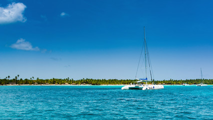 catamaran in front of tropical beach