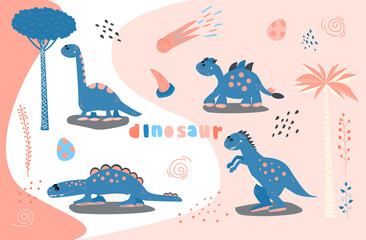 Set of cute cartoon dinosaur. Print for children's t-shirts, sweaters. Greeting card. Stickers Vector Illustration