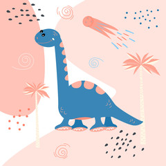 Cute cartoon dinosaur. Print for children's t-shirts, sweaters. Greeting card. Stickers Vector Illustration