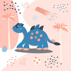 Cute cartoon dinosaur. Print for children's t-shirts, sweaters. Greeting card. Stickers Vector Illustration