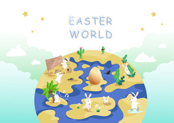 Easter world, egg hunt, traveling and adventure, cute rabbit cartoon character, greeting poster holiday background vector illustration