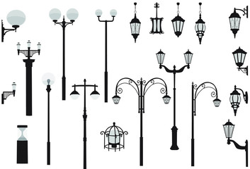 Set of modern and vintage street lights. Silhouette of wall and floor street lamp, black and gray color, isolated on white background
