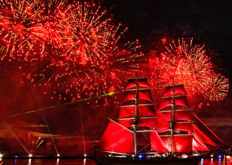 Miracle colorful fireworks ship scarlet sails Neva river in St. Petersburg