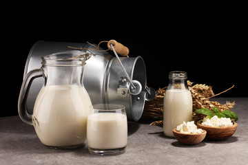 milk products. tasty healthy dairy products on a table. sour cream in a white bowl, cottage cheese bowl, cream in a a bank and milk jar, glass bottle and in a glass