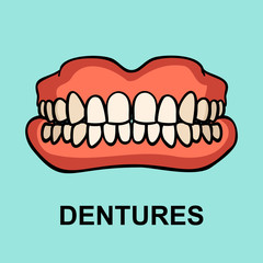 Dental prosthesis, tooth orthopedics sign. Denture icon on blue background. Dental implant. Dentures. Medicine symbol for websites, info graphics and print. Vector illustration.