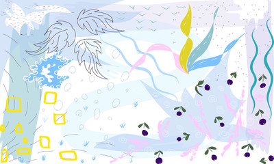 Hand drawn vector abstract unusual summer time decoration collage with abstract leaves and berries motif