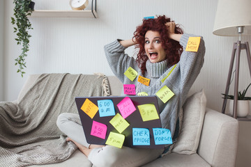 Very busy lady.Overworked woman with many tasks to do. Female have a lot to do. Business woman stressed.