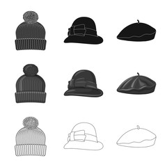 Vector illustration of headgear and cap logo. Collection of headgear and accessory stock symbol for web.