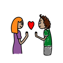 A couple in love holds out their hands. Children's illustration