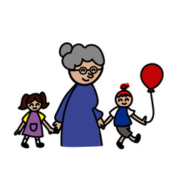 Grandma and her grandchildren on a walk. Children's illustration