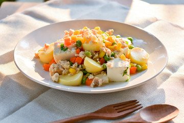 stir-fries egg tofu with minced chicken, pea, and carrot. Healthy food concept