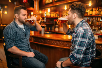 Two male friends drinks beer at the counter in pub