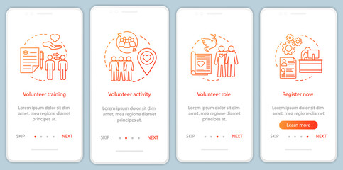 Volunteer becoming onboarding mobile app page screen with linear concepts