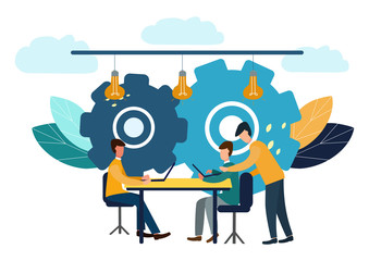 Vector illustration, online assistant at work. Promotion in the network. Search for new ideological solutions, teamwork in a company, brainstorming