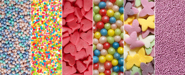 Sugar candy to decorate the cake. Collage. Pastry decoration baking closeup. Abstract background.