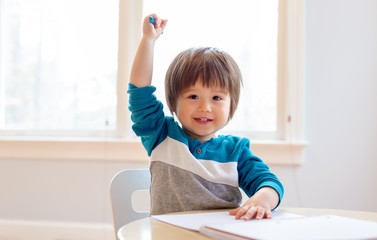 Happy excited toddler raising his hand high