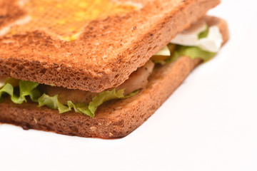 Appetizing toasted bacon sandwich and leaf of lettuce, on a white background. Close-up