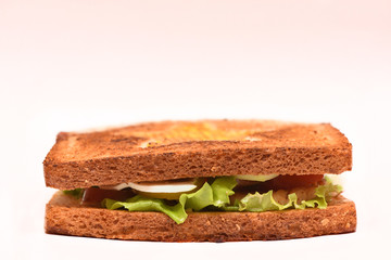 Appetizing toasted bacon sandwich and leaf of lettuce, on a white background. Close-up