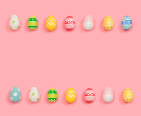 Colorful Easter eggs overhead view flat lay