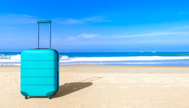 Suitcase on sea beach. Travel baggage concept. Copy space. Holiday, rest, recreation, relaxation. 3D rendering illustration
