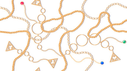 Vector seamless pattern with golden chains, pendants and large golden rings of bracelets on a light background. Luxurious illustrations for printing on textiles, fashionable dresses, scarves.