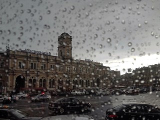 Moscow railway station on a rainy day in St. Petersburg.