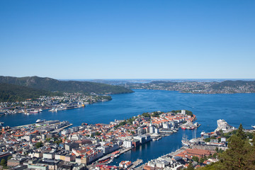 Naklejka na ściany i meble Panoramic view on Bergen city and the harbour from the Floyen mountain 