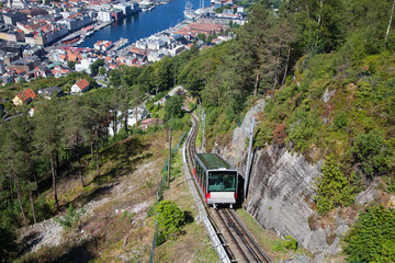 Funicular carriage moving from the Bergen city to the view point on the Mount Floyen.
