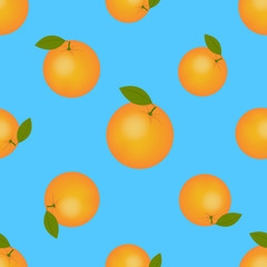 Juicy ripe orange with green leaves. Citrus fruit seamless pattern for printing on fabric. Summer design.