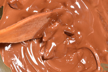 The process of heating the chocolate so that it becomes melted. Melted chocolate. Close-up
