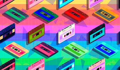 Vector seamless pattern with cassettes in isometric view on a bright rainbow background. For fashion design, printing on stationery or wall paper.