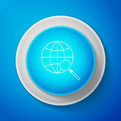 Magnifying glass with globe icon isolated on blue background. Analyzing the world. Global search sign. Circle blue button. Vector Illustration
