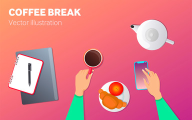 Vector illustration of business coffee break top view. Hands with a cup of coffee, croissant and apple. Business illustration for articles or banner.
