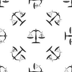 Scale weighing money and time icon isolated seamless pattern on white background. Scales with hours and a coin. Balance between work and the given time. Business concept. Vector Illustration