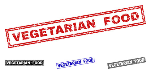 Grunge VEGETARIAN FOOD rectangle stamp seals isolated on a white background. Rectangular seals with grunge texture in red, blue, black and grey colors.
