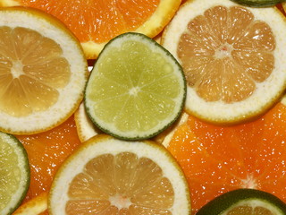 Closeup on slices of different citrus fruits