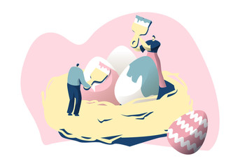 Male Character in Nest Decorate Egg with Paintbrush Happy Easter Colorful Poster