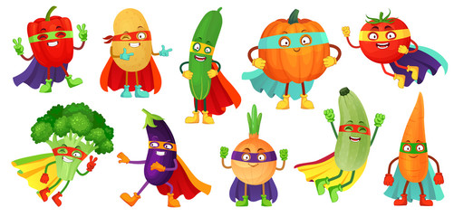 Superhelden-Gemüse. Supergurke, Heldenmaske auf Kürbis und Gemüsenahrung mit Superhelden-Mantelkarikatur-Vektorillustrationssatz