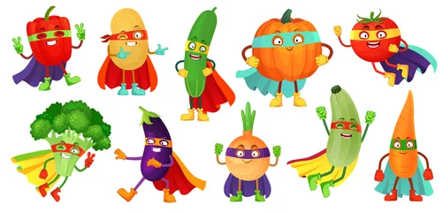 Papier Peint photo Des légumes Légumes de super-héros. Super concombre, masque de héros sur citrouille et nourriture végétale avec jeu d& 39 illustrations vectorielles de super-héros cape dessin animé