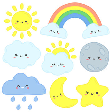 Cute sky. Happy sun, funny moon and hand drawn star. Nursery sleep clouds, baby rainbow and night stars cartoon vector illustration